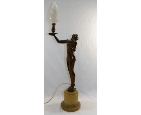 An Art Deco bronzed spelter lamp in the form of a semi-naked lady holding aloft the light in the manner of Enrique Molins Bal