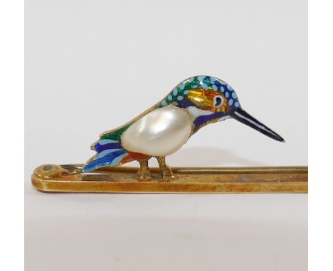 A yellow metal enamel and blister pearl kingfisher brooch, stamped '15CT', 5.2cm long CONDITION REPORT: If you require furthe