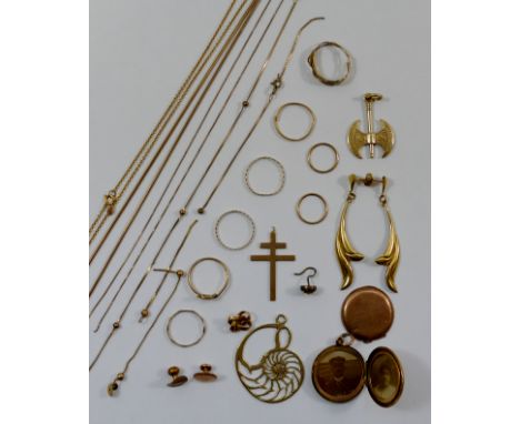 A quantity of gold and yellow metal jewellery comprised of a 9 carat gold watch back, pendant and two rings, combined weight 