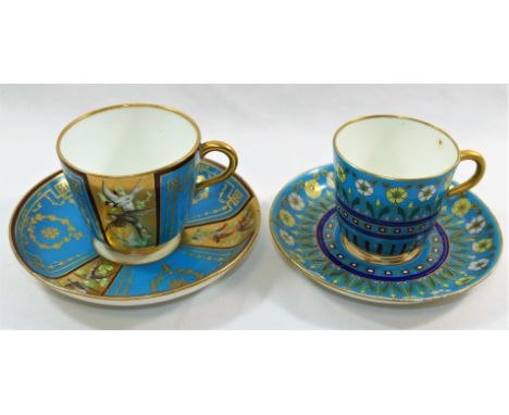 A Minton porcelain cup and saucer with turquoise ground decorated in the manner of Christopher Dresser with cloisonne style e