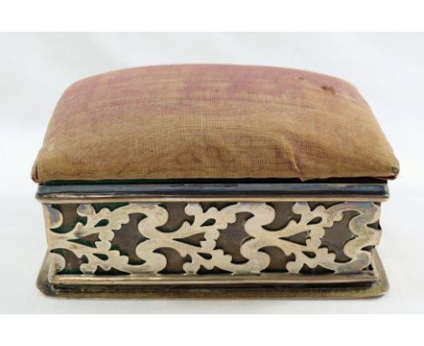 A late Victorian silver mounted box with pin cushion lid, Birmingham 1899 by William Hutton and Sons, the sides with pierced 
