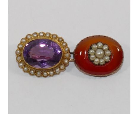 A Victorian amethyst and half pearl oval brooch, stamped '15CT', 2.2cm x 1.7cm, 5.4g gross, an a Victorian gold oval carnelia