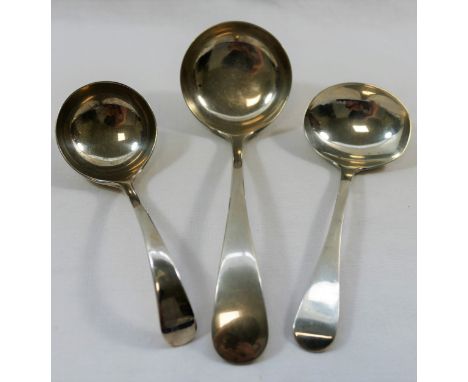 Three silver old English pattern sauce ladles, London 1843, Sheffield 1908 and Sheffield 1966, combined weight 3.1ozt, 96.3g 