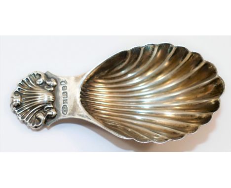 A Victorian style silver caddy spoon with shell bowl and handle, Birmingham 1977 by A E Jones with jubilee mark, , 8cm long, 