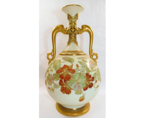 A Royal Worcester porcelain two-handled vase, the ivory ground decorated with nasturtiums, outlined in gilt tube lining, with