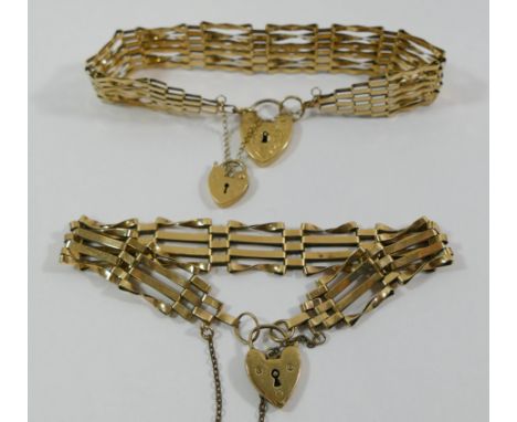 Two 9 carat gold gate link bracelets, with heart-shaped padlock clasps combined weight 19.9g CONDITION REPORT: If you require