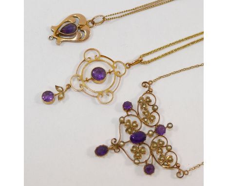 An Edwardian amethyst set openwork pendant, with seed pearl and amethyst pendant drop, stamped '9CT', 4.8cm long, on a yellow