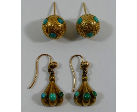 A pair of Victorian gold and turquoise set drop earrings with hook backs, and a pair of Victorian gold and turquoise set sphe