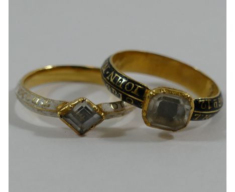 Two George III gold and enamel mourning rings, each set with a single quartz and bearing the same inscriptions, ' John Nichol