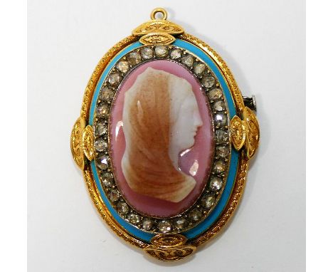A 19th Century Renaissance Revival, oval carved hardstone, gold, diamond and enamel brooch, the  cameo carved with the head o