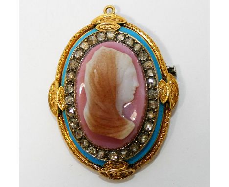 A 19th Century Renaissance Revival, oval carved hardstone, gold, diamond and enamel brooch, the  cameo carved with the head o