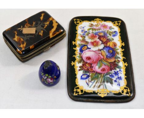 A Victorian silver and gold inlaid tortoiseshell purse, 7cm long, a 19th century enamel on metal panel decorated with flowers