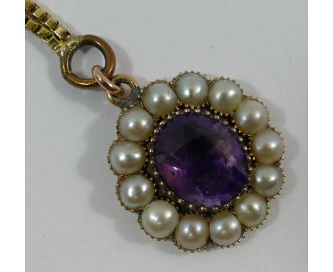 A yellow metal box link guard chain with Victorian amethyst, half pearl and gold oval pendant attached, 2cm x 1.8cm, combined