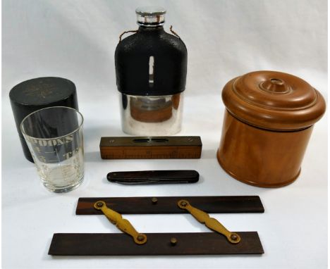 A 19th century turned boxwood string box, a Victorian cased medicine glass, a silver plated and leather bound glass hip flask