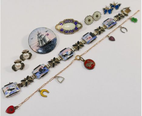 A Norwegian enamel panel bracelet by Aksel Holmsen, the clasp stamped '925 S' and 'Norne',  and other jewellery including a D
