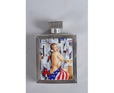 A SILVER PLATED ENAMEL DECO, RUBY SET NUDE LADY PERFUME BOTTLE.