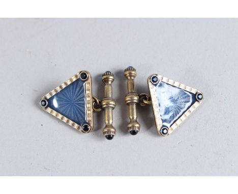 A PAIR OF RUSSIAN BLUE ENAMEL TRIANGULAR CUFFLINKS.