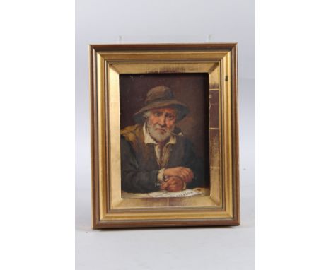 VAN HAGEN. Portrait of a gentleman leaning on a table, reading a paper and smoking a pipe. Oil on board, signed. 7.75ins x 5.