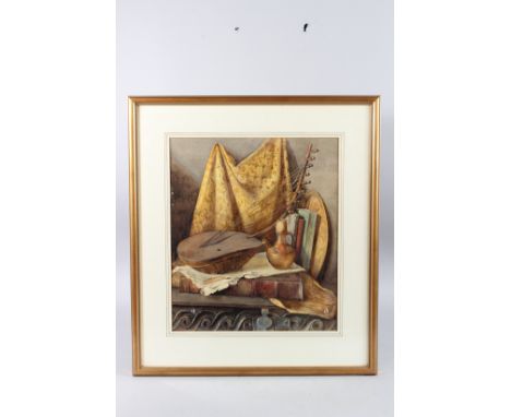 FRANK J. ROWHILL. Still life of a musical instrument, jug, books and other items. Watercolour, signed. 15.25ins x 13ins.