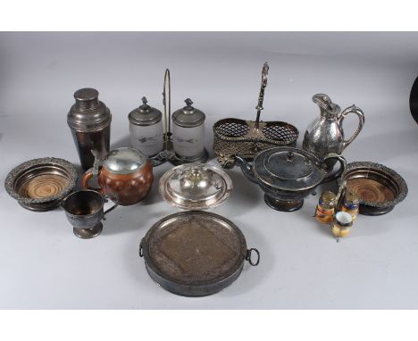 A BOX OF VICTORIAN AND EDWARDIAN PLATE comprising two honey jars, a pair of wine coasters, a cocktail shaker, a circular teap