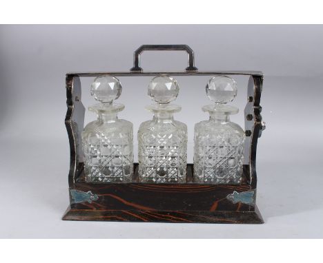 A THREE BOTTLE WHISKY TANTALUS BY ALEXANDER CLARK, FENCHURCH STREET. 13ins long.