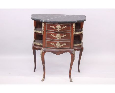 A LOUIS XVITH STYLE THREE DRAWER MARBLE TOP COMMODE on curving legs. 2ft wide x 2t 5ins high.