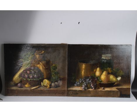 E. DURAND. A pair of still life oils. A copper pan and jam jar and fruit and vegetables on a ledge. Signed. Unframed. 20ins x