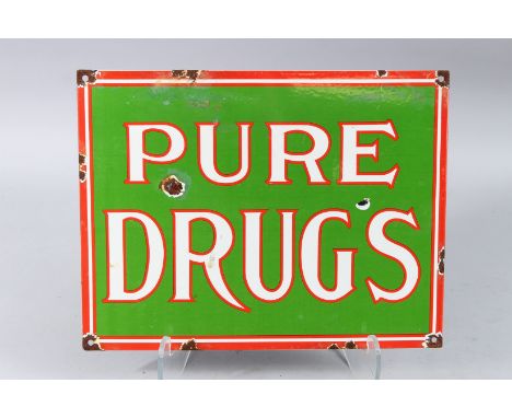 PURE DRUGS, A GREEN ENAMEL SIGN. 11 x 14ins.