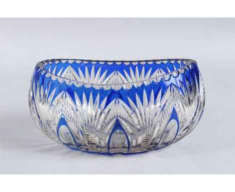 A BLUE CUT GLASS OVAL BOWL.