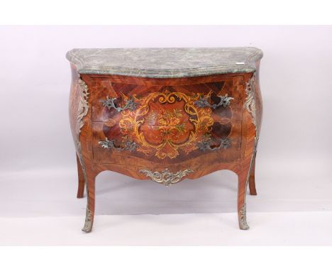 A LOUIS XVITH STYL MARBLE TOP FRENCH BOMBE TWO DRAWER  COMMODE with gilt mounts. 3ft 4ins wide x 2ft 9ins high.