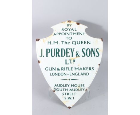 A J. PURDEY &amp; SONS SHIELD SHAPED ENAMEL SIGN. 20ins x 15ins.