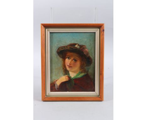 19TH CENTURY ENGLISH SCHOOL. Bust length portrait of a young lady wearing a hat and red cloak. Oil on card. 7.75ins x 6ins.