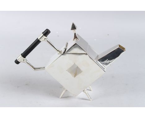 A CHRISTOPHER DRESSER DESIGN PLATED SQUARE WITH A HOLE TEAPOT.