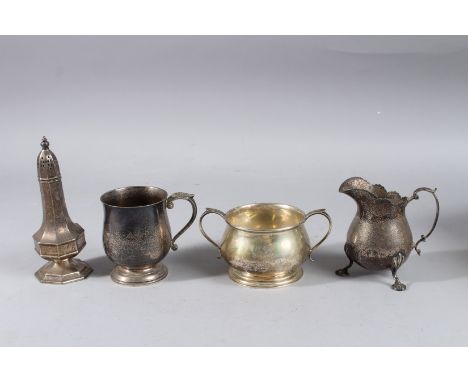 A SILVER CREAM JUG, HALF PINT TANKARD, SUGAR BOWL AND PEPPERETTE, various dates. Weight: 24ozs.