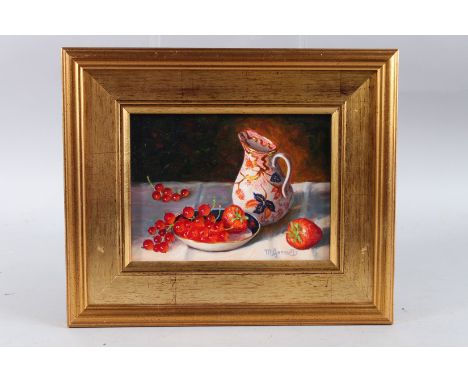 MEIMIE GERRERD, CONTEMPORARY. Still life of a jug and fruit in a bowl. Oil on board, signed. 5.5ins x 7.75ins.