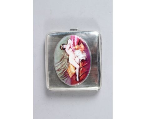 A VICTORIAN ENGINE TURNED SILVER CIGARETTE CASE. 3ins x 3.25ins. Birmingham 1897, with an oval enamel nude. 135 grams.