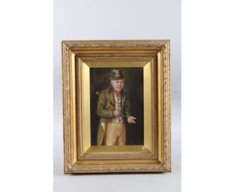 19TH CENTURY ENGLISH SCHOOL. "Heads I win, Tails you lose" portrait of a man holding a stick under his arm. Oil on board. 9.2