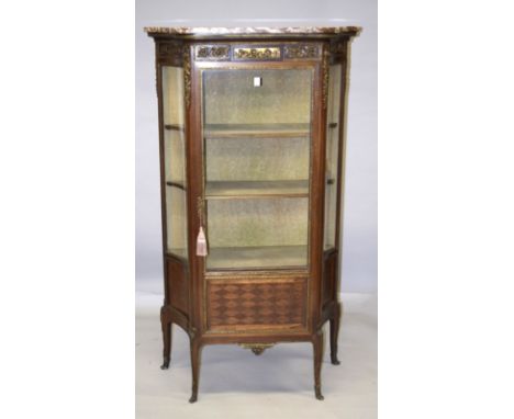 A GOOD 19TH CENTURY LOUIS XVI DESIGN VITRINE with three-quarter long drawer and shaped sides, ormolu panels with silk interio