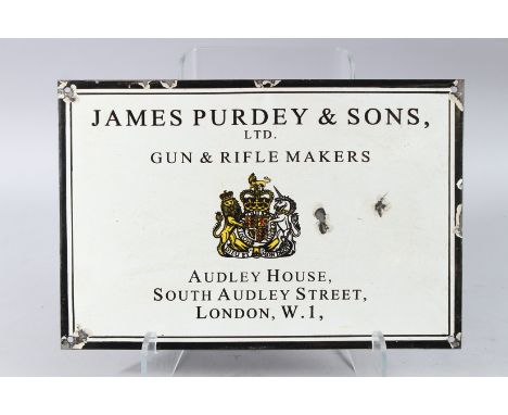 JAMES PURDEY &amp; SONS ENAMEL SIGN. 10ins x 15ins.