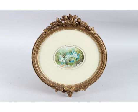 STILL LIFE OF BIRD'S NEST AND FLOWERS. Oil, possibly on ceramic, signed, in a decorative gilt frame.