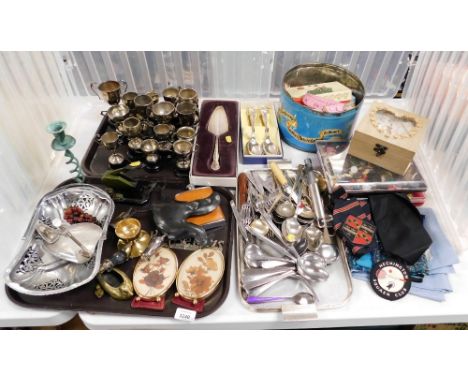 Various two handled trophies, loose flatware, hip flask, cake slice, buttons, etc. (a quantity) 