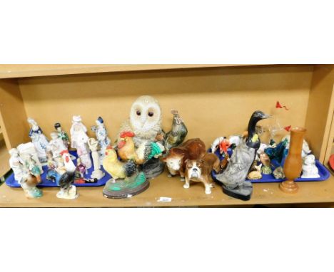 Decorative china and effects, various bisque figures, large resin figure of an owl, 31cm high, crested ware swan for City of 