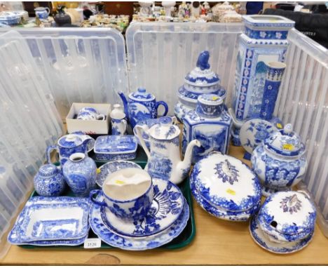 A group of blue and white ceramics, to include Oriental vase decorated with flowers, 33cm high, jar and cover, 22cm high, tea