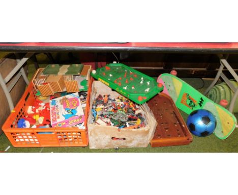 Various playworn die cast cars, to include fire truck, tank, locomotives, a Tom and Jerry Give A Show projector, code kit, a 