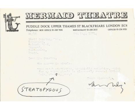 Actor Bernard Miles signed headed paper of the Mermaid Theatre London which he founded with a somewhat cryptic answer to an u