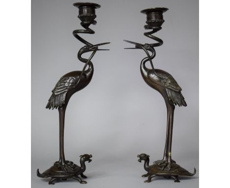 A Pair of Japanese Meiji Period Bronze Candle Sticks Each in the Form of a Stork Standing on the Back of a Minogame Turtle, 2