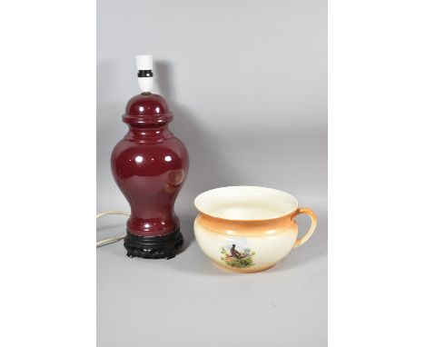 A Sang Boeuf Glazed Vase Shaped Table Lamp Together with a Pheasant Pattern Chamber Pot 