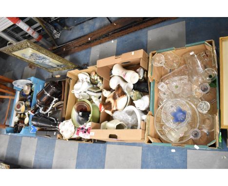 Four Boxes of Ceramics and Glasswares, Pictures, Prints, Firescreen etc 