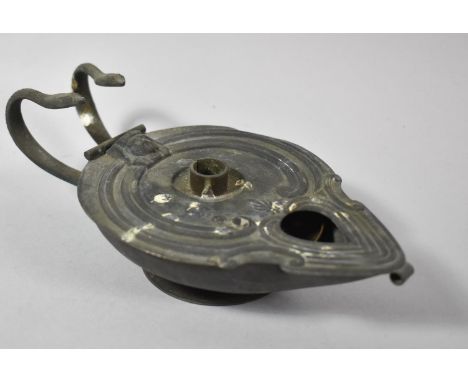 An Egyptian Style Souvenir Aladdin Style Lamp with Snake Handles and Pharaoh Moulding to Lid, 18cm long 