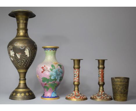 A Collection of Brass and Enamel Wares to Include Two Vases, Beaker and Pair of Candlesticks 